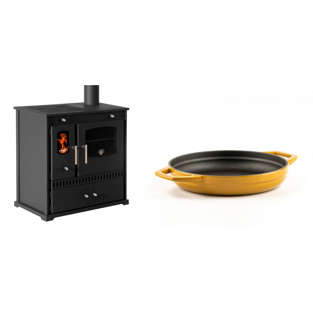Set Küchenofen / Küchenhexe Prometey Perfect Eco, 7kW + Emaillierte gusseisenpfanne mit zwei Griffen Solagio, Dijon, Ф19cm | Kaminofen - Holzofen mit Backfach | Kaminofen |