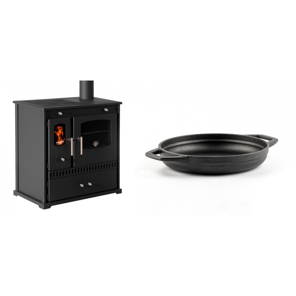 Set Küchenofen / Küchenhexe Prometey Perfect Eco, 7kW + Emaillierte gusseisenpfanne mit zwei Griffen Solagio, Black Onyx, Ф19cm | Kaminofen - Holzofen mit Backfach | Kaminofen |