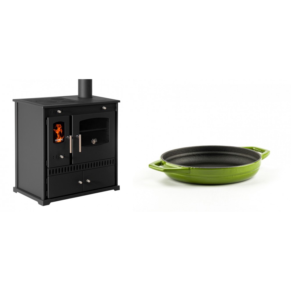 Set Küchenofen / Küchenhexe Prometey Perfect Eco, 7kW + Emaillierte gusseisenpfanne mit zwei Griffen Solagio, Bamboo, Ф16cm | Kaminofen - Holzofen mit Backfach | Kaminofen |