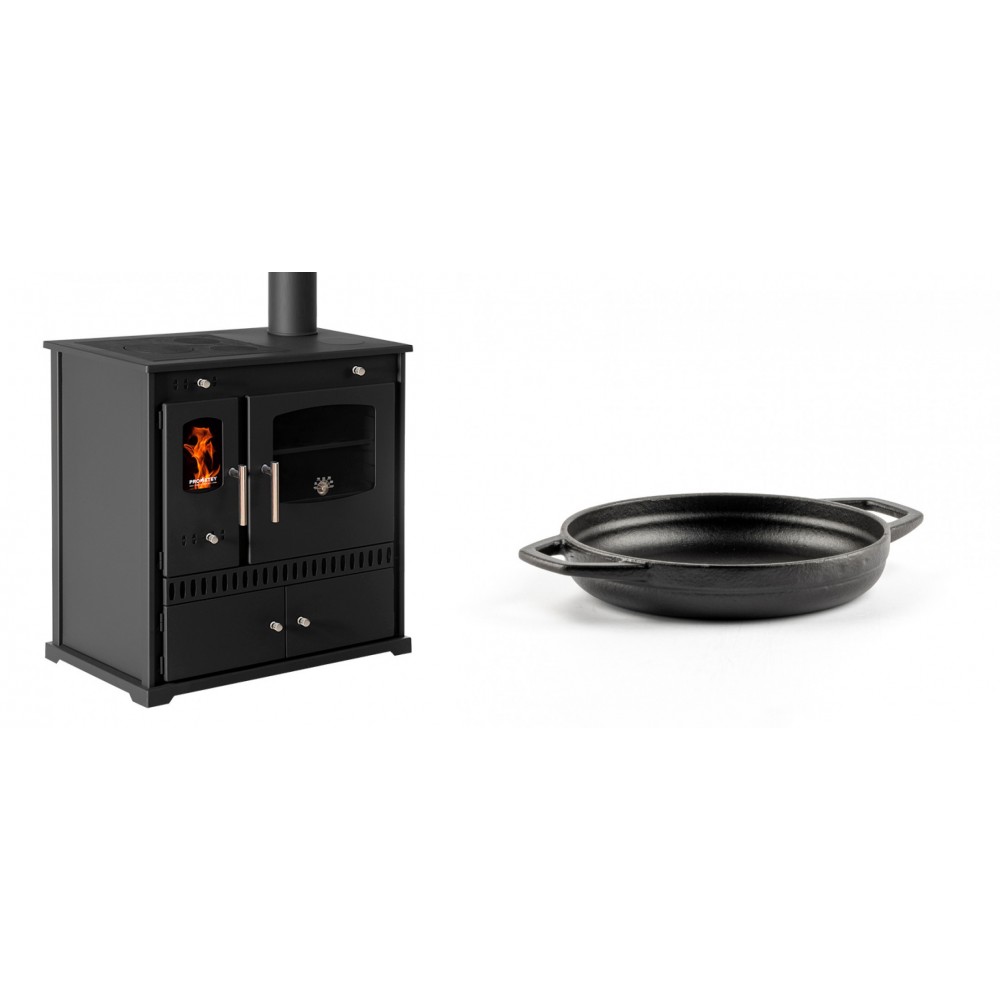 Set Küchenofen / Küchenhexe Prometey Perfect Eco, 7kW + Emaillierte gusseisenpfanne mit zwei Griffen Solagio, Black Onyx, Ф16cm | Kaminofen - Holzofen mit Backfach | Kaminofen |