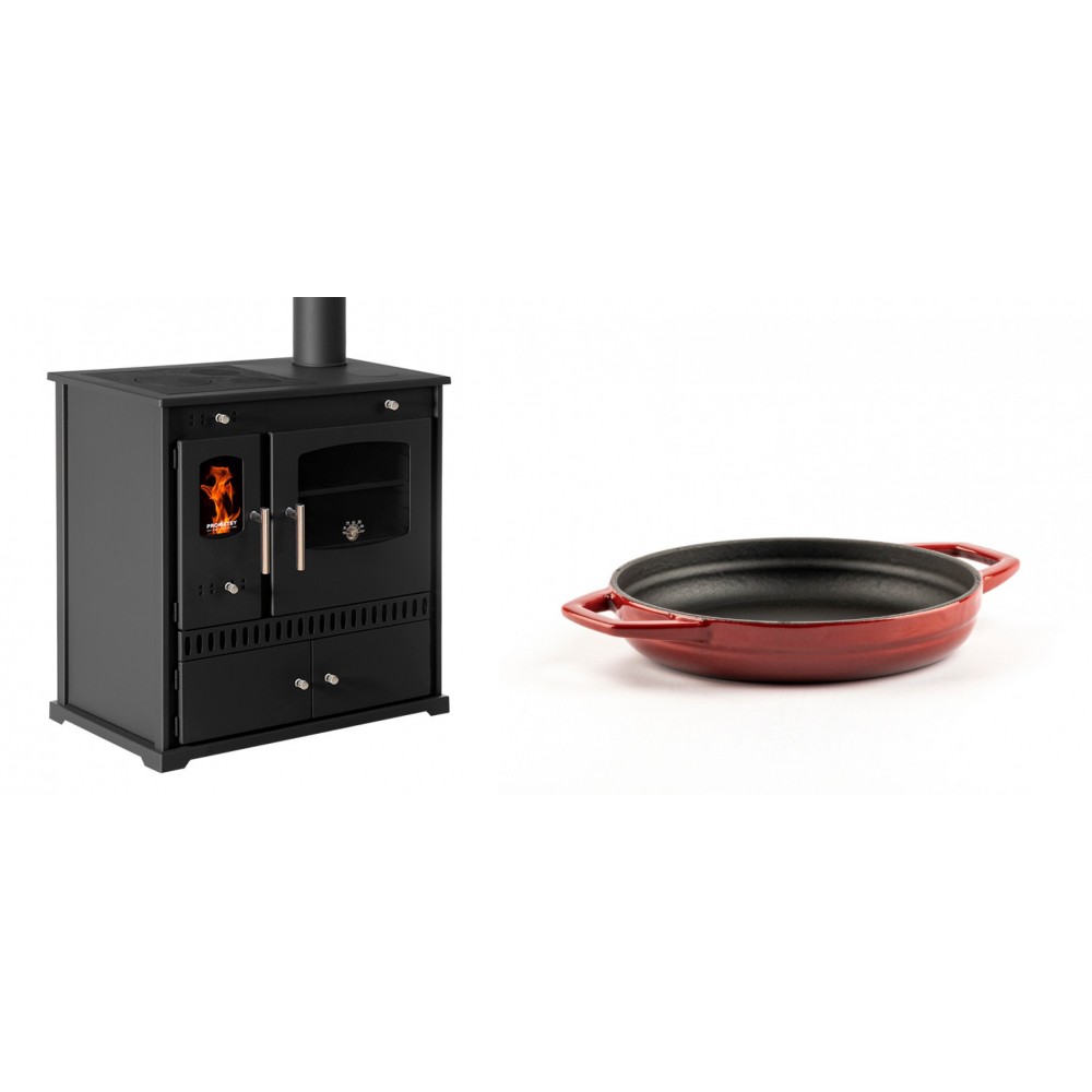Set Küchenofen / Küchenhexe Prometey Perfect Eco, 7kW + Emaillierte gusseisenpfanne mit zwei Griffen Solagio, Rubin, Ф16cm