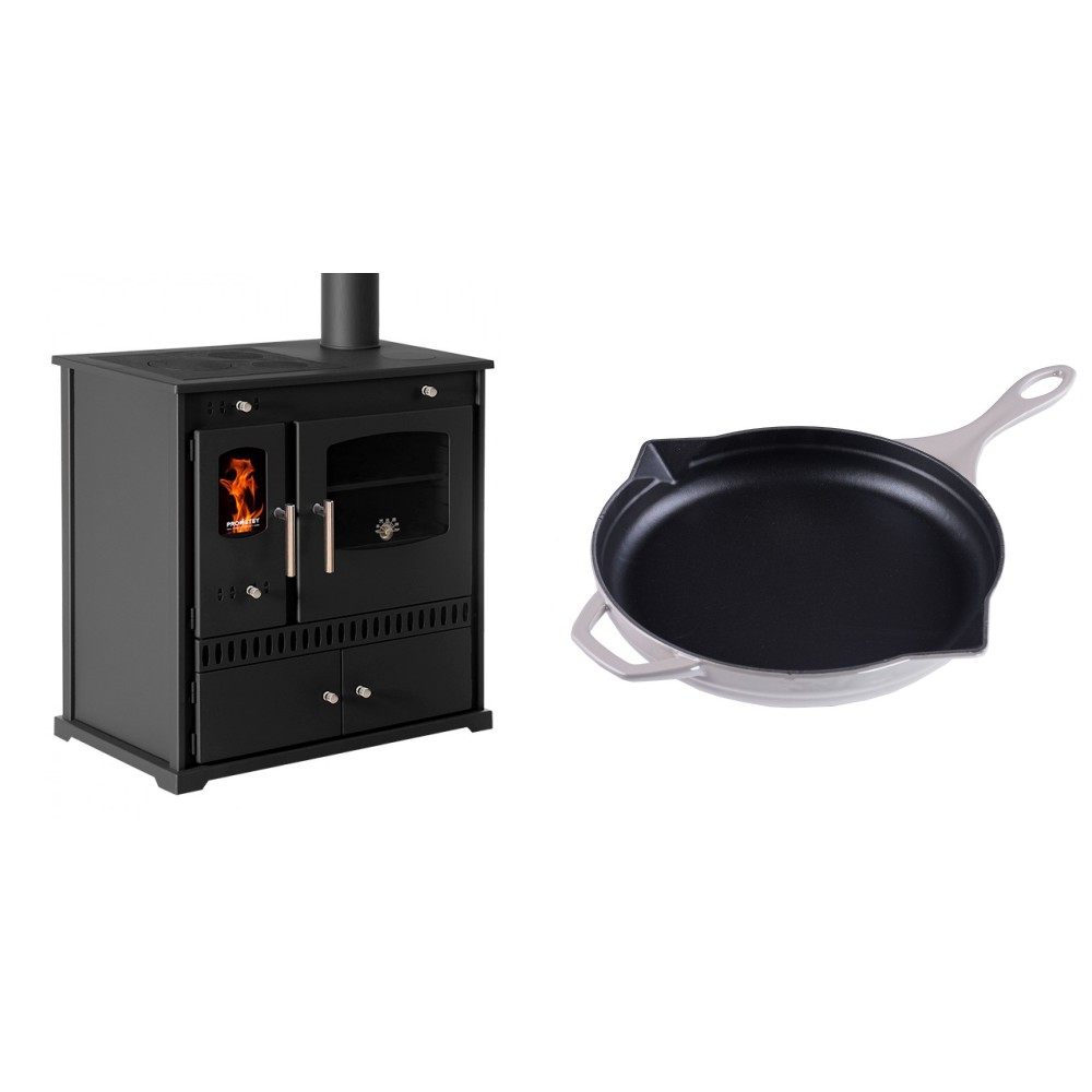 Set Küchenofen / Küchenhexe Prometey Perfect Eco, 7kW + Emaillierte Gusseisenpfanne Solagio, Ivory, Ф28cm | Kaminofen - Holzofen mit Backfach | Kaminofen |