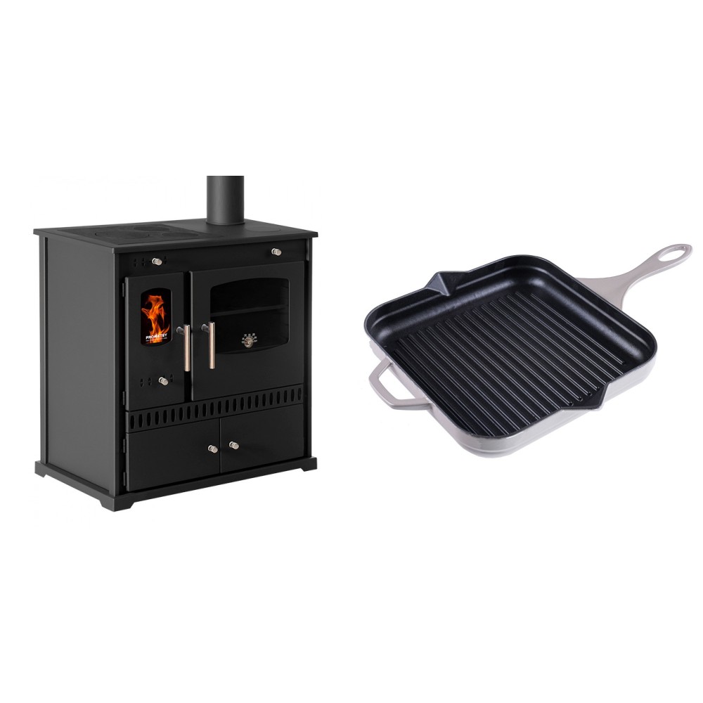 Set Küchenofen / Küchenhexe Prometey Perfect Eco, 7kW + Emaillierte grillpfanne Gusseisen Solagio, Ivory, 28x28cm | Kaminofen - Holzofen mit Backfach | Kaminofen |