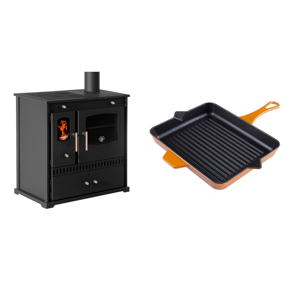 Set Küchenofen / Küchenhexe Prometey Perfect Eco, 7kW + Emaillierte grillpfanne Gusseisen Solagio, Dijon, 26x32cm | Kaminofen - Holzofen mit Backfach | Kaminofen |
