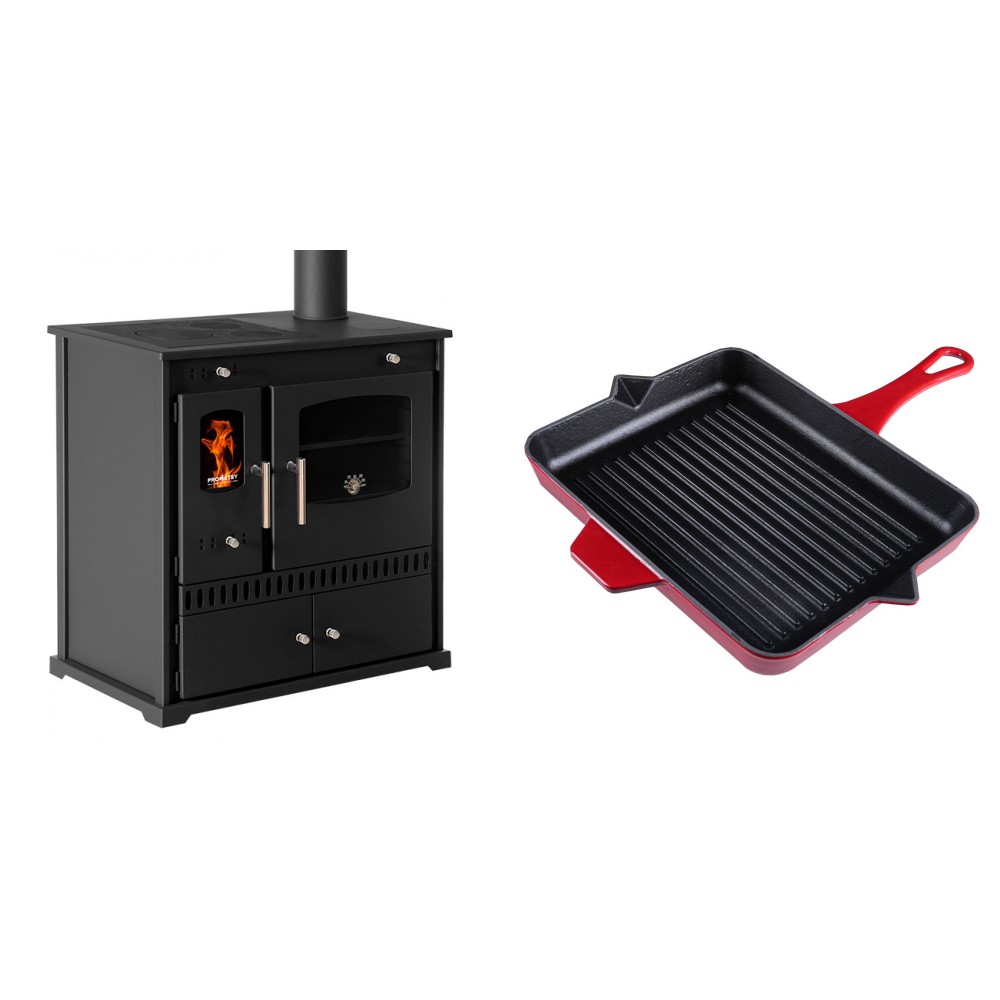 Set Küchenofen / Küchenhexe Prometey Perfect Eco, 7kW + Emaillierte grillpfanne Gusseisen Solagio, Rubin, 26x32cm | Kaminofen - Holzofen mit Backfach | Kaminofen |