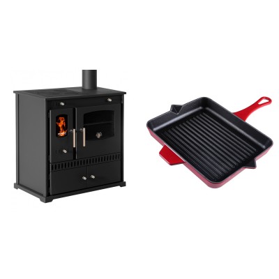 Set Küchenofen / Küchenhexe Prometey Perfect Eco, 7kW + Emaillierte grillpfanne Gusseisen Solagio, Rubin, 26x32cm - Prometey