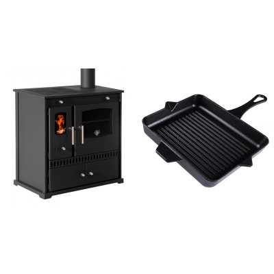 Set Küchenofen / Küchenhexe Prometey Perfect Eco, 7kW + Emaillierte grillpfanne Gusseisen Solagio, Black Onyx, 26x32cm - Prometey
