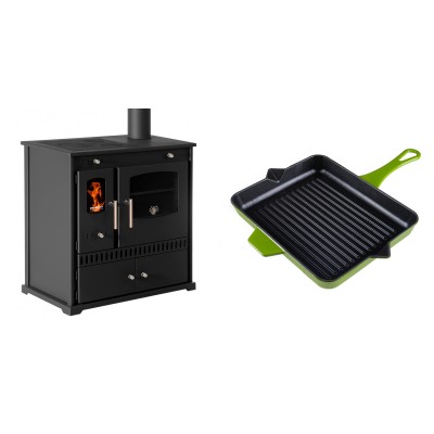 Set Küchenofen / Küchenhexe Prometey Perfect Eco, 7kW + Emaillierte grillpfanne Gusseisen Solagio, Bamboo, 26x32cm - Prometey