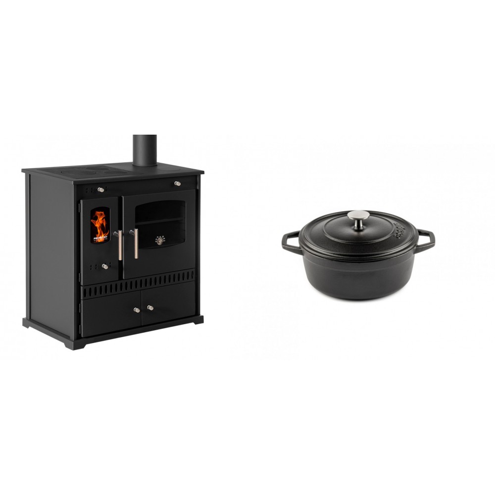 Set Küchenofen / Küchenhexe Prometey Perfect Eco, 7kW + Gusseisen Topf Tiefer Solagio, Black Onyx, Ф12