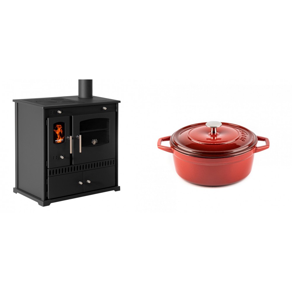 Set Küchenofen / Küchenhexe Prometey Perfect Eco, 7kW + Gusseisen Topf Tiefer Solagio, Rubin, Ф20 | Kaminofen - Holzofen mit Backfach | Kaminofen |