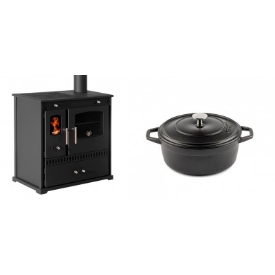 Set Küchenofen / Küchenhexe Prometey Perfect Eco, 7kW + Gusseisen Topf Tiefer Solagio, Black Onyx, Ф20 - Prometey