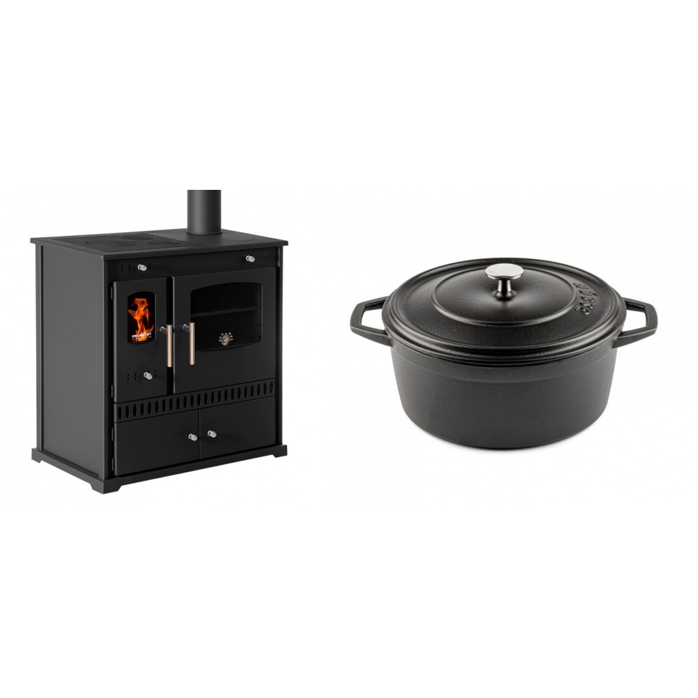 Set Küchenofen / Küchenhexe Prometey Perfect Eco, 7kW + Gusseisen Topf Tiefer Solagio, Black Onyx, Ф24