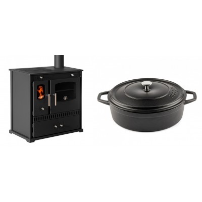 Set Küchenofen / Küchenhexe Prometey Perfect Eco, 7kW + Gusseisen Topf Flach Solagio, Black Onyx, Ф28 - Prometey