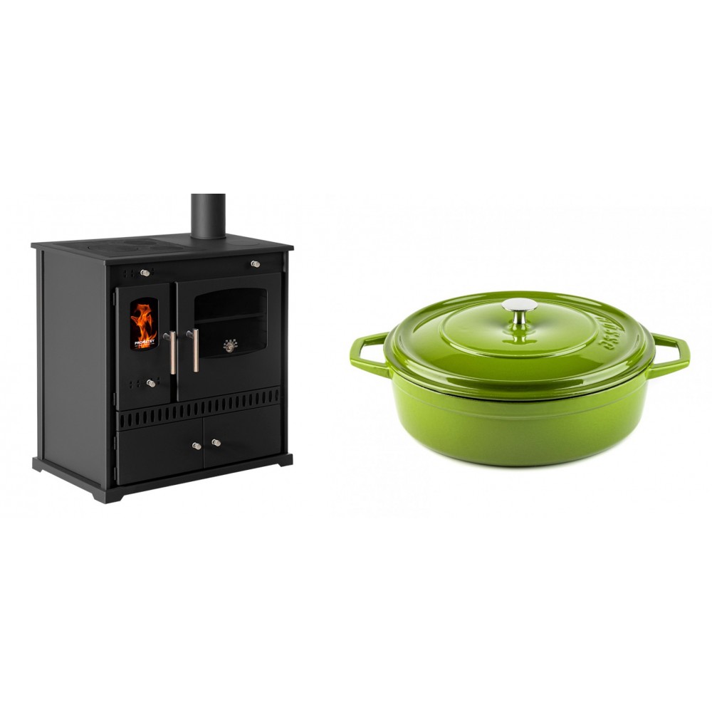 Set Küchenofen / Küchenhexe Prometey Perfect Eco, 7kW + Gusseisen Topf Flach Solagio, Bamboo, Ф28