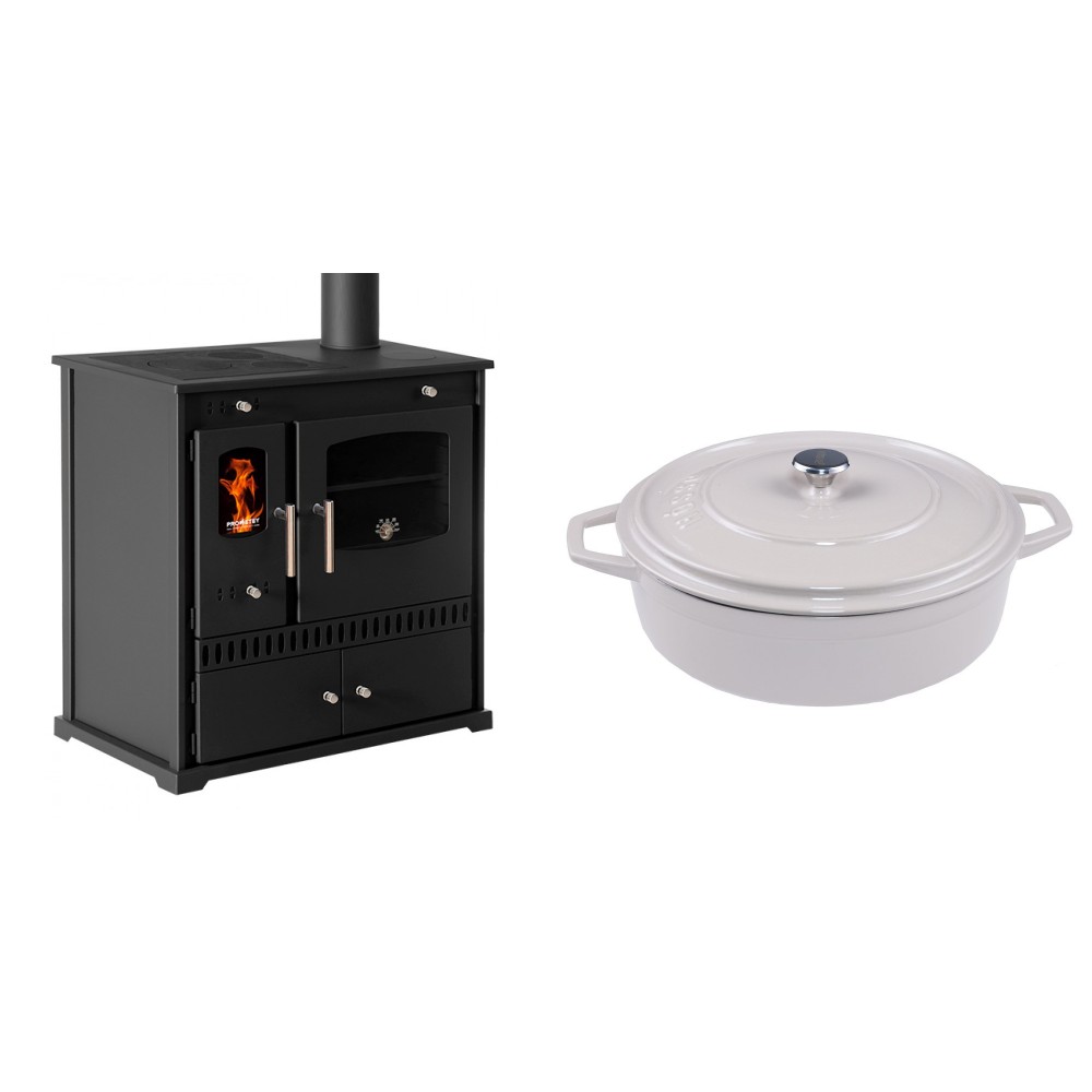 Set Küchenofen / Küchenhexe Prometey Perfect Eco, 7kW + Gusseisen Topf Flach Solagio, Ivory, Ф28