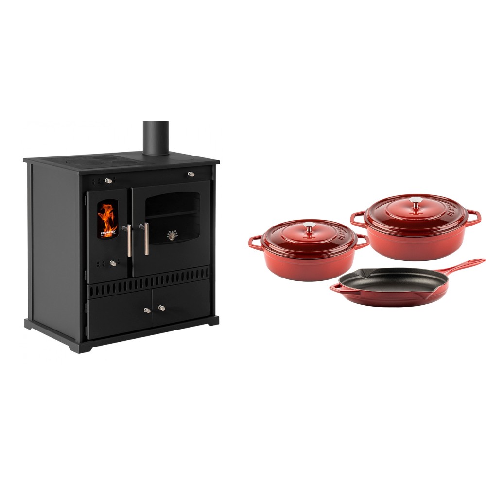 Set Küchenofen / Küchenhexe Prometey Perfect Eco, 7kW + Gusseisen Topf Set aus 3 teilen Solagio, Rubin