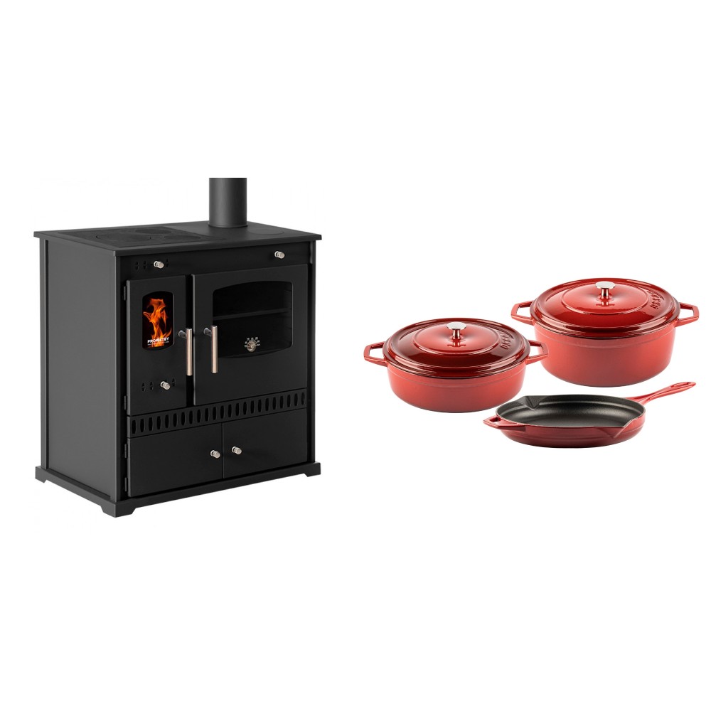 Set Küchenofen / Küchenhexe Prometey Perfect Eco, 7kW + Gusseisen Topf Set aus 3 teilen Solagio, Rubin