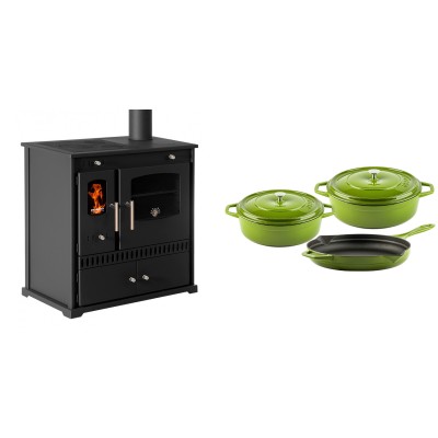 Set Küchenofen / Küchenhexe Prometey Perfect Eco, 7kW + Gusseisen Topf Set aus 3 teilen Solagio, Bamboo - Prometey