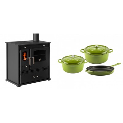 Set Küchenofen / Küchenhexe Prometey Perfect Eco, 7kW + Gusseisen Topf Set aus 3 teilen Solagio, Bamboo - Prometey