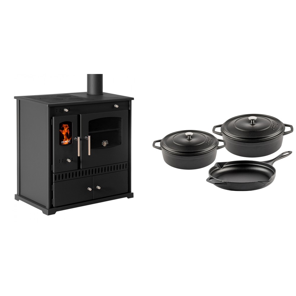 Set Küchenofen / Küchenhexe Prometey Perfect Eco, 7kW + Gusseisen Topf Set aus 3 teilen Solagio, Black Onyx