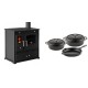 Set Küchenofen / Küchenhexe Prometey Perfect Eco, 7kW + Gusseisen Topf Set aus 3 teilen Solagio, Black Onyx | Kaminofen - Holzofen mit Backfach | Kaminofen |