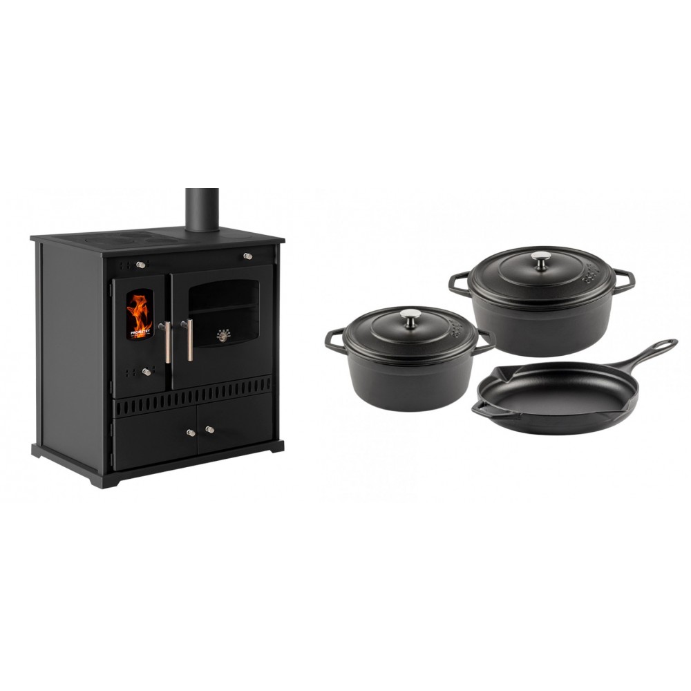 Set Küchenofen / Küchenhexe Prometey Perfect Eco, 7kW + Gusseisen Topf Set aus 3 teilen Solagio, Black Onyx