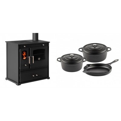 Set Küchenofen / Küchenhexe Prometey Perfect Eco, 7kW + Gusseisen Topf Set aus 3 teilen Solagio, Black Onyx - Prometey