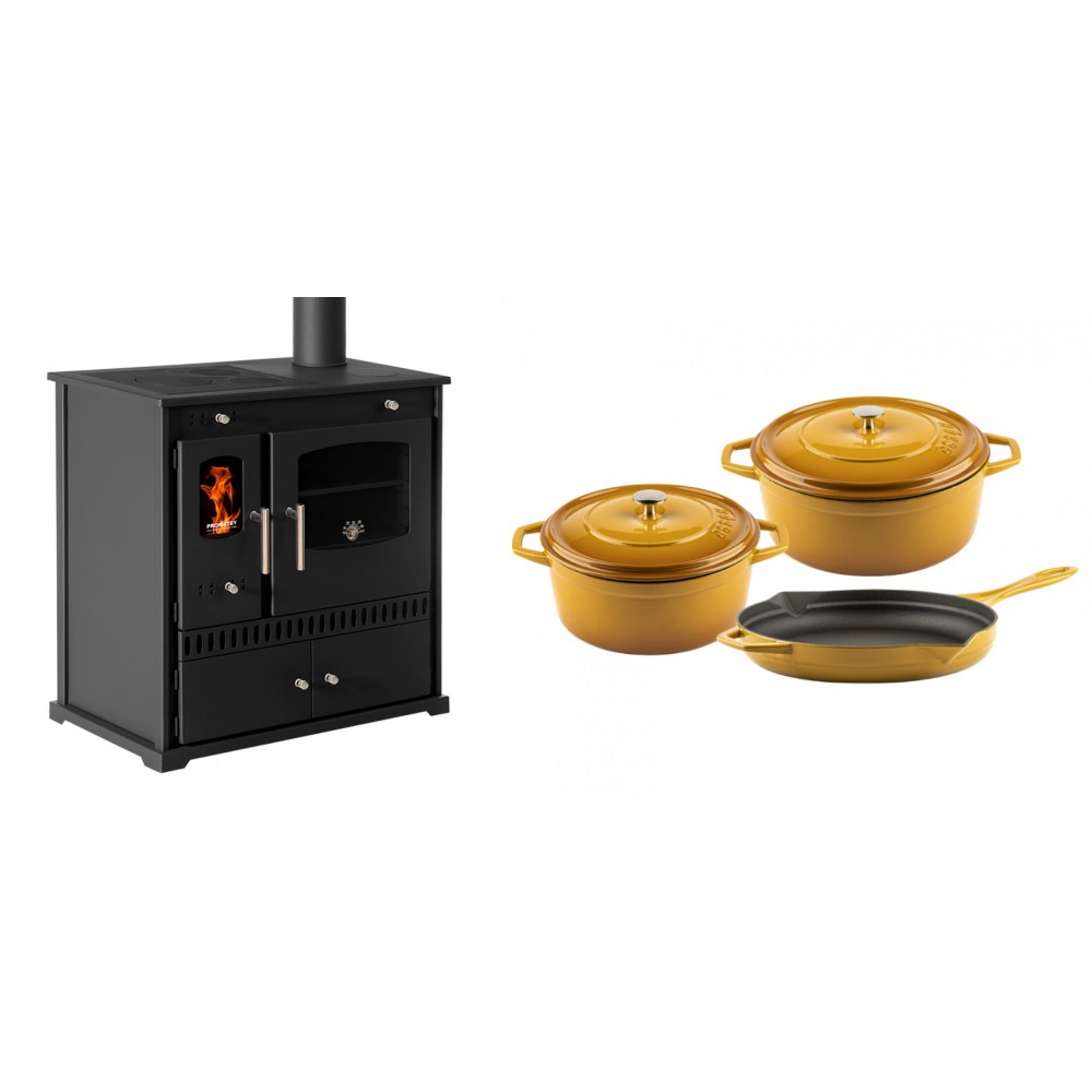 Set Küchenofen / Küchenhexe Prometey Perfect Eco, 7kW + Gusseisen Topf Set aus 3 teilen Solagio, Dijon