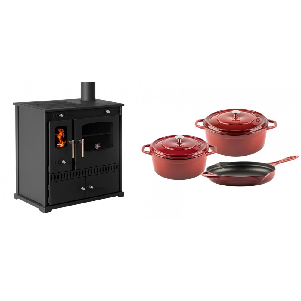 Set Küchenofen / Küchenhexe Prometey Perfect Eco, 7kW + Gusseisen Topf Set aus 3 teilen Solagio, Rubin