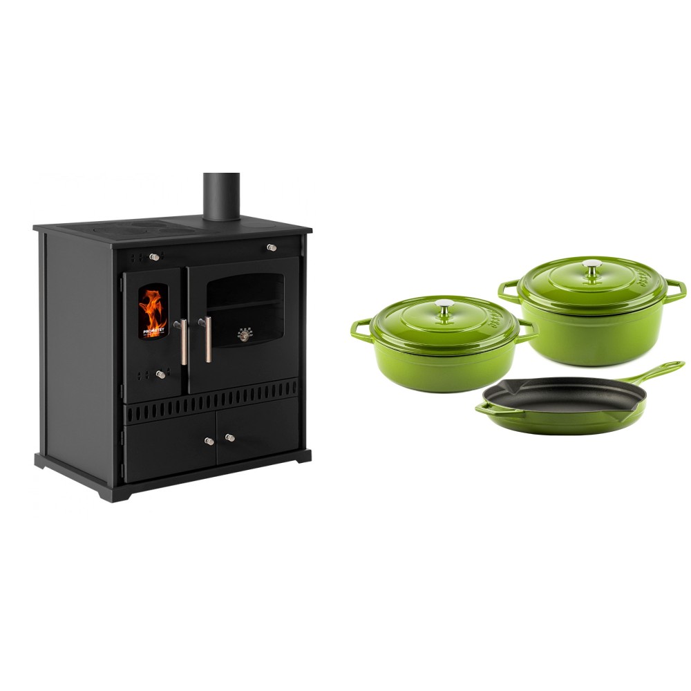 Set Küchenofen / Küchenhexe Prometey Perfect Eco, 7kW + Gusseisen Topf Set aus 3 teilen Solagio, Bamboo | Kaminofen - Holzofen mit Backfach | Kaminofen |