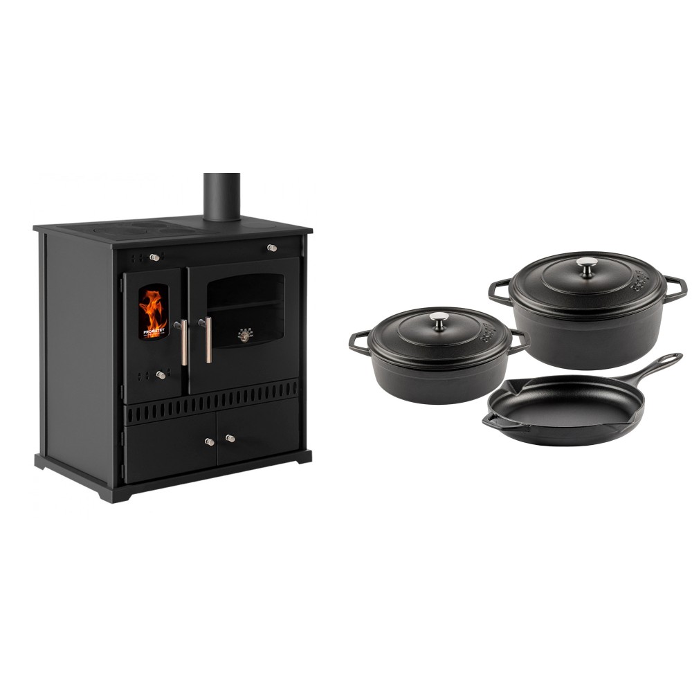 Set Küchenofen / Küchenhexe Prometey Perfect Eco, 7kW + Gusseisen Topf Set aus 3 teilen Solagio, Black Onyx | Kaminofen - Holzofen mit Backfach | Kaminofen |