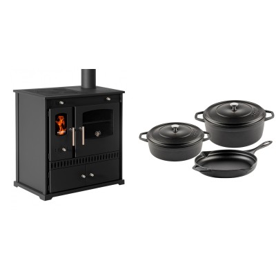 Set Küchenofen / Küchenhexe Prometey Perfect Eco, 7kW + Gusseisen Topf Set aus 3 teilen Solagio, Black Onyx - Prometey