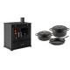 Set Küchenofen / Küchenhexe Prometey Perfect Eco, 7kW + Gusseisen Topf Set aus 3 teilen Solagio, Black Onyx | Kaminofen - Holzofen mit Backfach | Kaminofen |