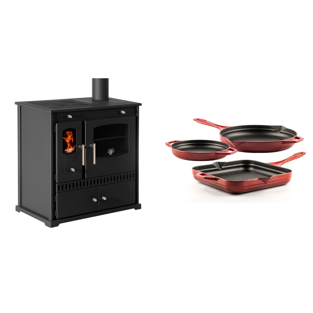 Set Küchenofen / Küchenhexe Prometey Perfect Eco, 7kW + Gusseisen Topf Set aus 3 teilen Solagio, Rubin