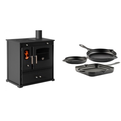 Set Küchenofen / Küchenhexe Prometey Perfect Eco, 7kW + Gusseisen Topf Set aus 3 teilen Solagio, Black Onyx - Prometey