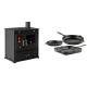 Set Küchenofen / Küchenhexe Prometey Perfect Eco, 7kW + Gusseisen Topf Set aus 3 teilen Solagio, Black Onyx | Kaminofen - Holzofen mit Backfach | Kaminofen |