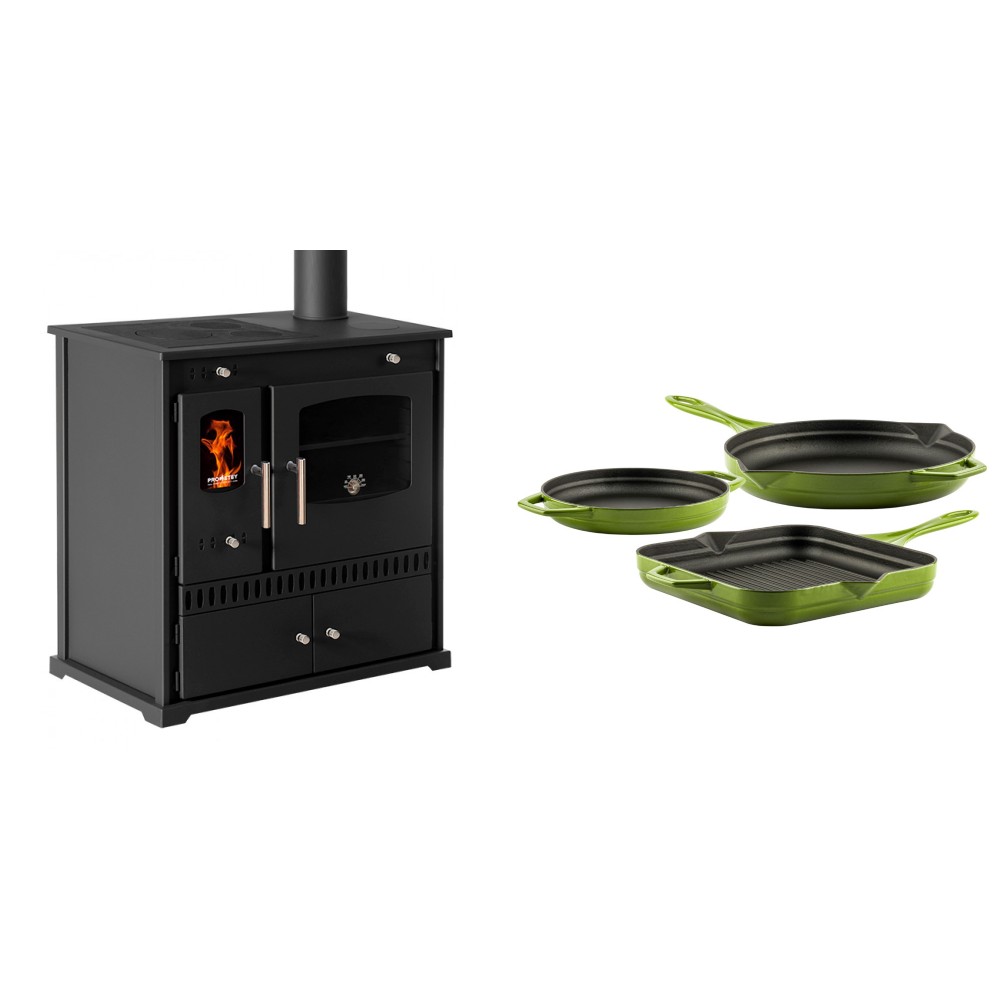 Set Küchenofen / Küchenhexe Prometey Perfect Eco, 7kW + Gusseisen Topf Set aus 3 teilen Solagio, Bamboo | Kaminofen - Holzofen mit Backfach | Kaminofen |