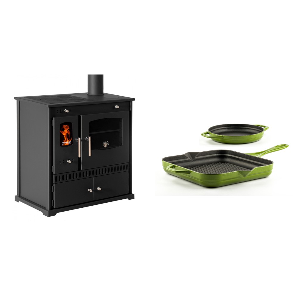 Set Küchenofen / Küchenhexe Prometey Perfect Eco, 7kW + Gusseisen Topf Set aus 2 teilen Solagio, Bamboo