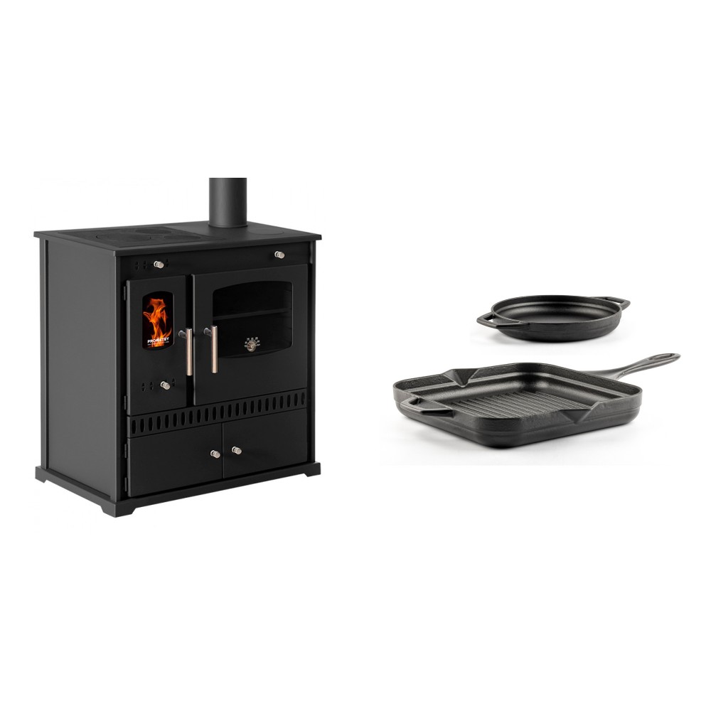 Set Küchenofen / Küchenhexe Prometey Perfect Eco, 7kW + Gusseisen Topf Set aus 2 teilen Solagio, Black Onyx