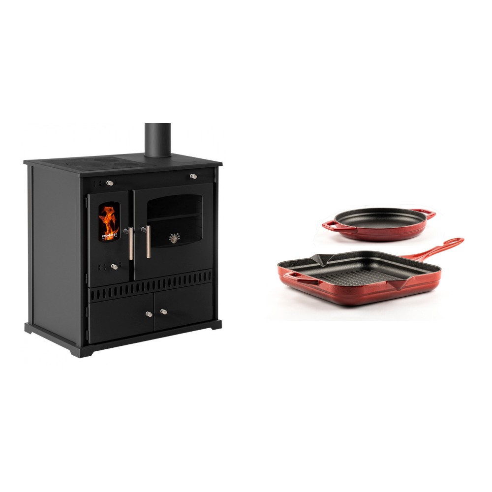 Set Küchenofen / Küchenhexe Prometey Perfect Eco, 7kW + Gusseisen Topf Set aus 2 teilen Solagio, Rubin