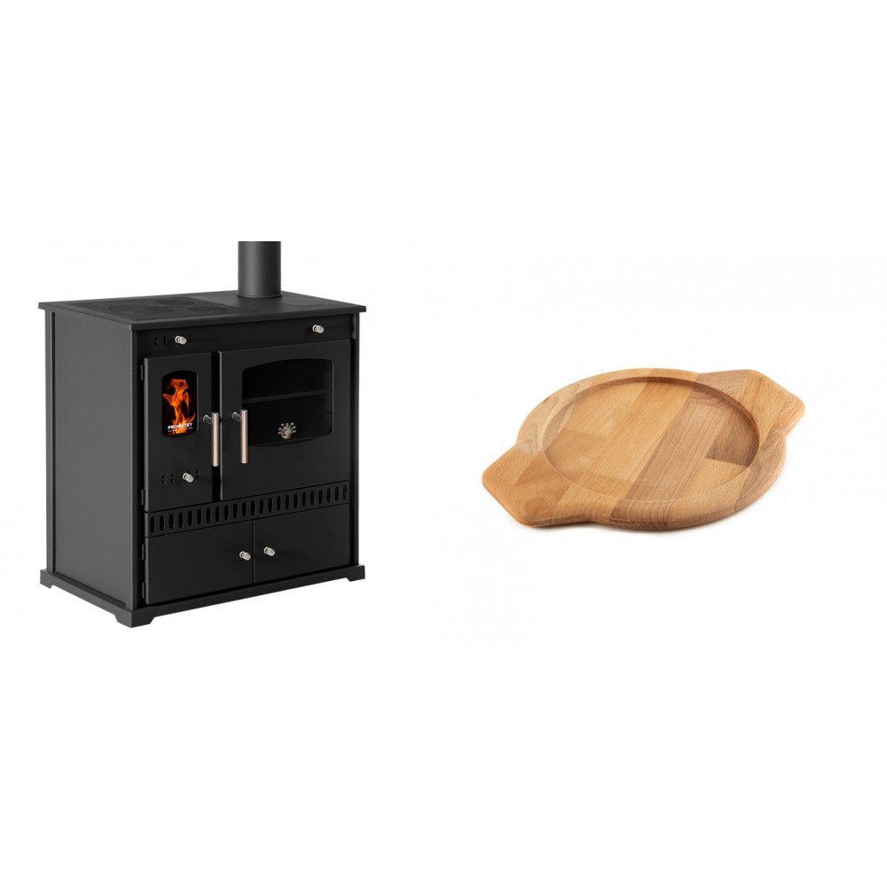 Set Küchenofen / Küchenhexe Prometey Perfect Eco, 7kW + Holz untersetzer für gusseisenschüssel Solagio HSYKTV22 | Kaminofen - Holzofen mit Backfach | Kaminofen |