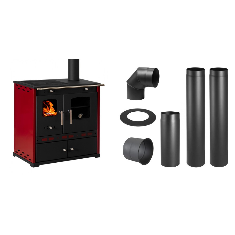 Set Küchenofen / Küchenhexe Prometey Perfect Eco Lux mit rechtem Kamin, burgunderrot, 7.1kW + Schornstein Bausatz PARKANEX, Stahl Ø130, Dicke 2mm