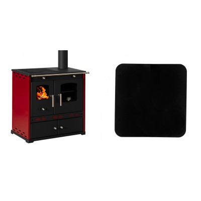 Set Küchenofen / Küchenhexe Prometey Perfect Eco Lux mit rechtem Kamin, burgunderrot, 7.1kW + Funkenschutzplatte Stahl 2mm, Größe 98x98cm - Prometey