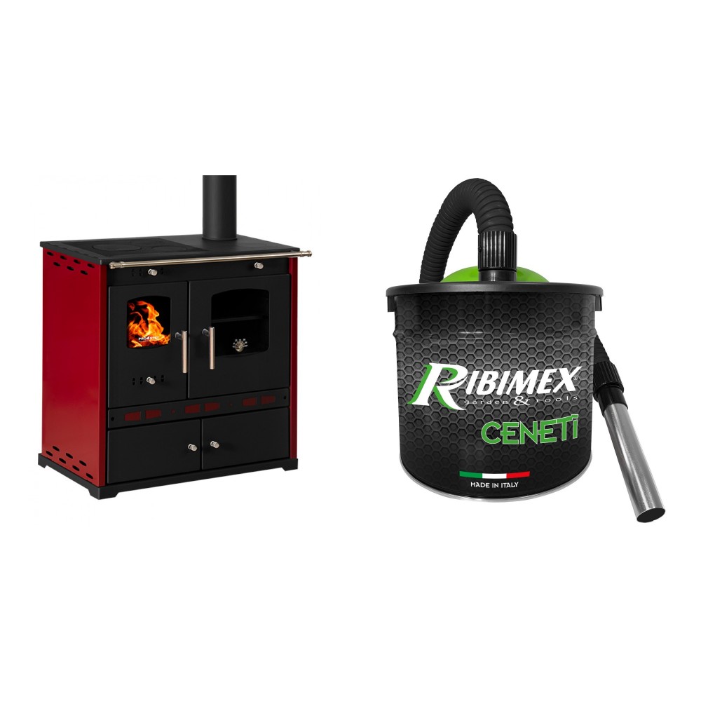 Set Küchenofen / Küchenhexe Prometey Perfect Eco Lux mit rechtem Kamin, burgunderrot, 7.1kW + Elektrischer Aschesauger Ribimex, Modell Cenetì, Fassungsvermögen 15 L | Kaminofen - Holzofen mit Backfach | Kaminofen |
