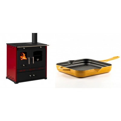 Set Küchenofen / Küchenhexe Prometey Perfect Eco Lux mit rechtem Kamin, burgunderrot, 7.1kW + Emaillierte grillpfanne Gusseisen Solagio, Dijon, 28х28cm - Prometey