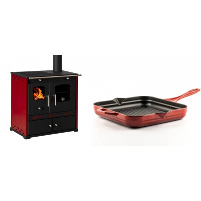 Set Küchenofen / Küchenhexe Prometey Perfect Eco Lux mit rechtem Kamin, burgunderrot, 7.1kW + Emaillierte grillpfanne Gusseisen Solagio, Rubin, 28x28cm - Prometey