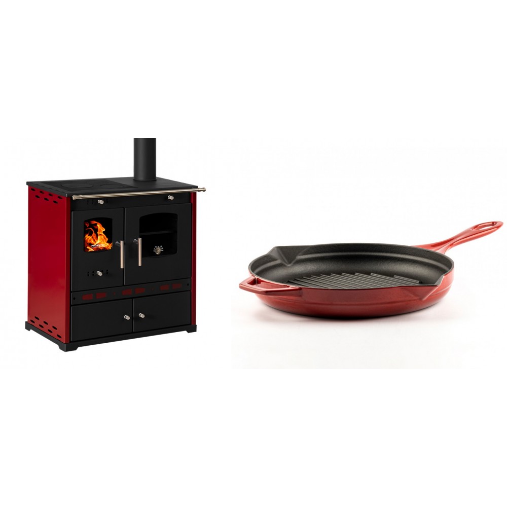 Set Küchenofen / Küchenhexe Prometey Perfect Eco Lux mit rechtem Kamin, burgunderrot, 7.1kW + Emaillierte grillpfanne Gusseisen Solagio, Rubin, Ф28cm