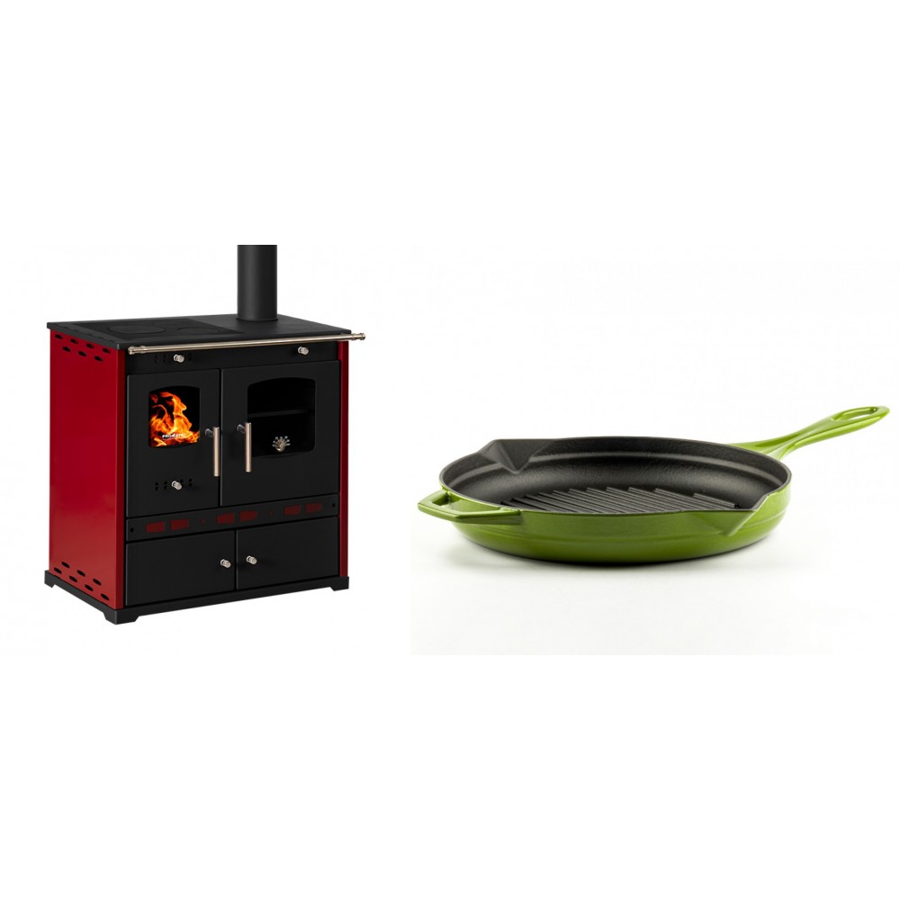 Set Küchenofen / Küchenhexe Prometey Perfect Eco Lux mit rechtem Kamin, burgunderrot, 7.1kW + Emaillierte grillpfanne Gusseisen Solagio, Bamboo, Ф28cm | Kaminofen - Holzofen mit Backfach | Kaminofen |