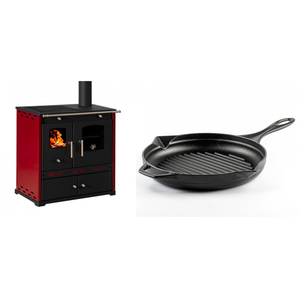 Set Küchenofen / Küchenhexe Prometey Perfect Eco Lux mit rechtem Kamin, burgunderrot, 7.1kW + Emaillierte grillpfanne Gusseisen Solagio, Black Onyx, Ф28cm
