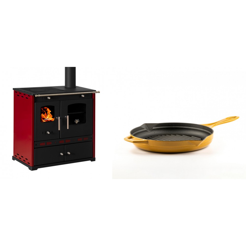 Set Küchenofen / Küchenhexe Prometey Perfect Eco Lux mit rechtem Kamin, burgunderrot, 7.1kW + Emaillierte grillpfanne Gusseisen Solagio, Dijon, Ф24cm | Kaminofen - Holzofen mit Backfach | Kaminofen |